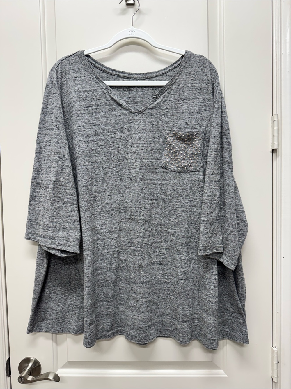 Catherines Heather Gray Casual 3/4 Sleeve Knit Top with studded pocket design